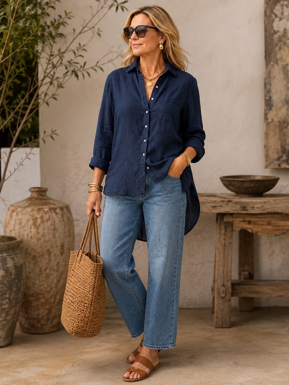 Sigrid Olsen XL 100% Linen Navy High Low Button Down Shirt Coastal
